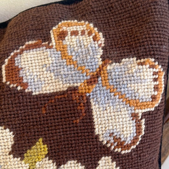 NEEDLEPOINT PILLOW Beautiful Vintage Handmade 15” Square Floral Butterfly Velvet - Picture 9 of 10